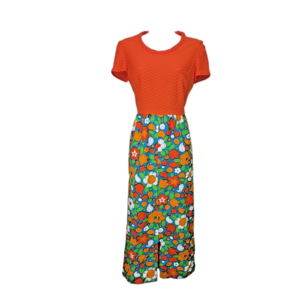 Vintage 1960s Groovy Floral Maxi Dress Orange Walking Zipper TALON Cassee Size S